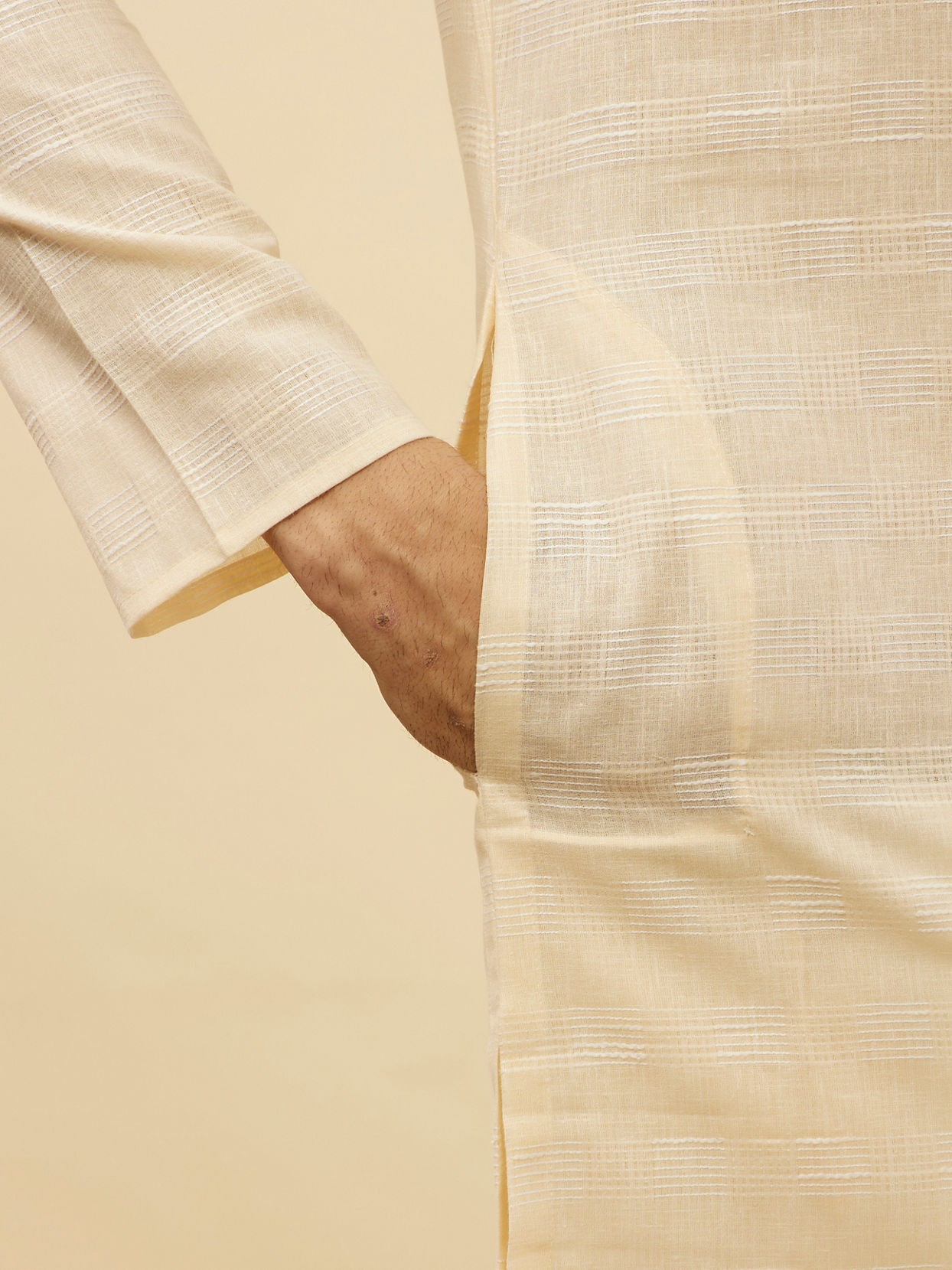 Manyavar Men Soft Cream Self Textured Kurta Set