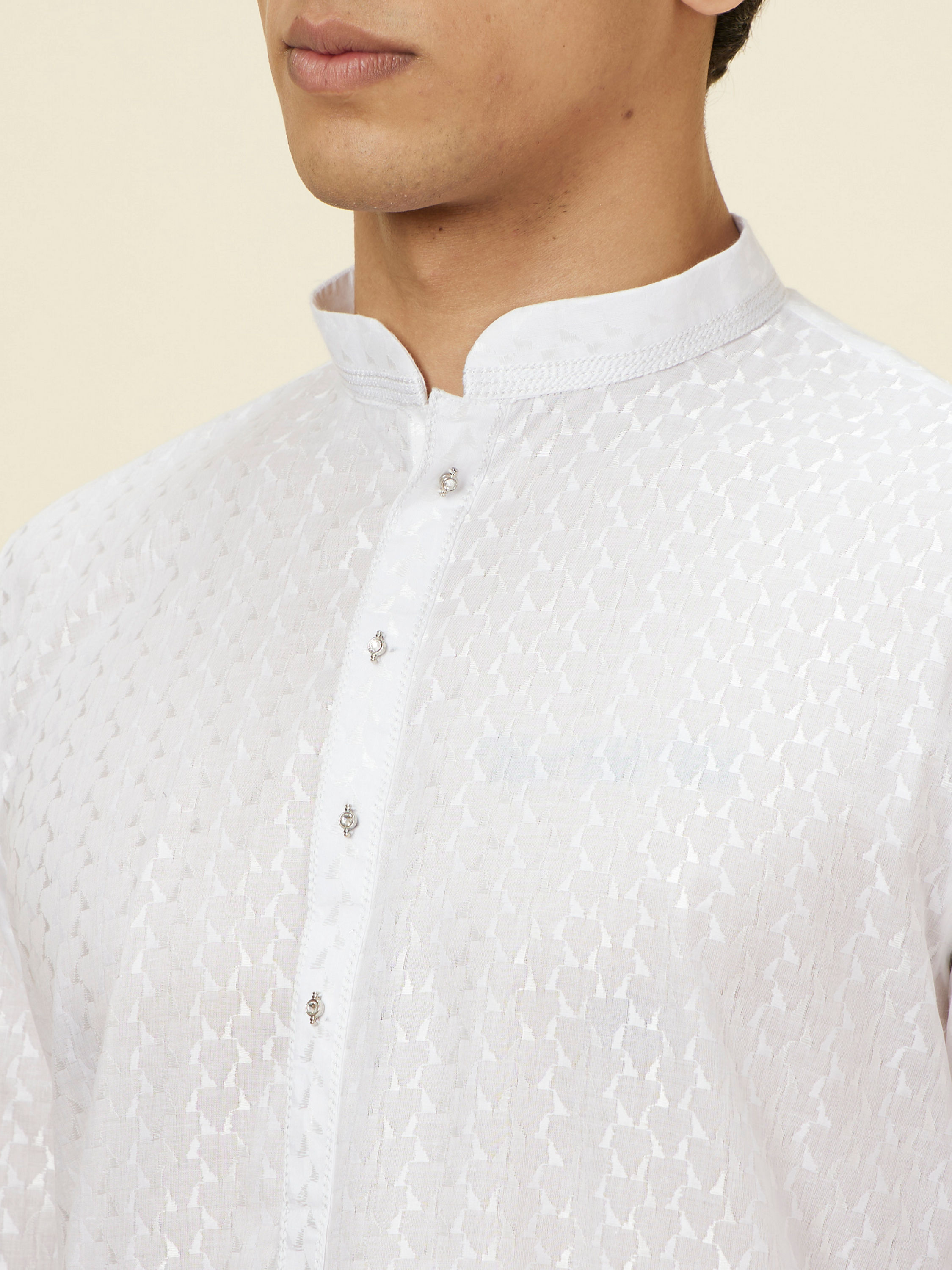 Manyavar Men Pristine White Self Patterned Kurta Set