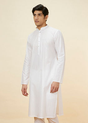 Manyavar Men Pristine White Self Patterned Kurta Set
