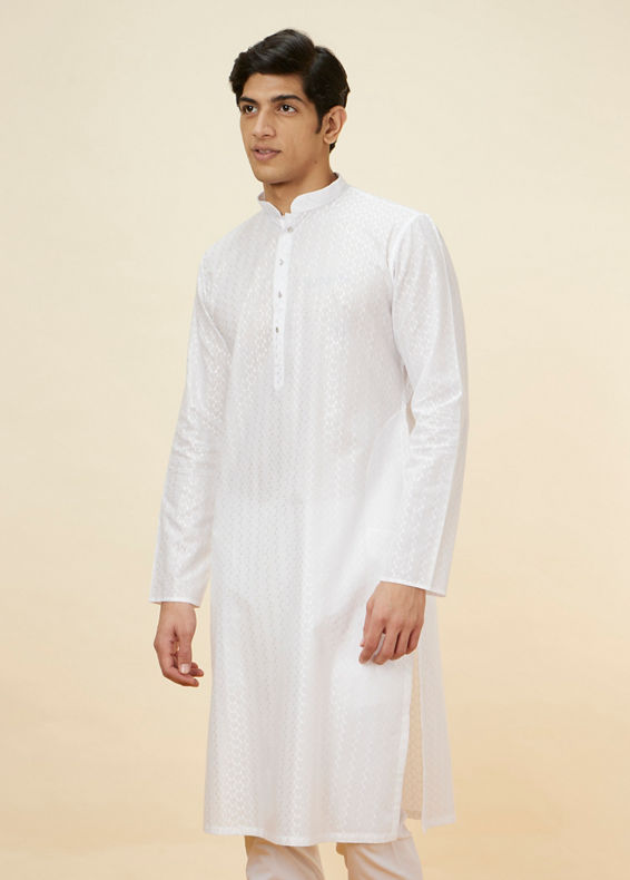Manyavar Men Pristine White Self Patterned Kurta Set