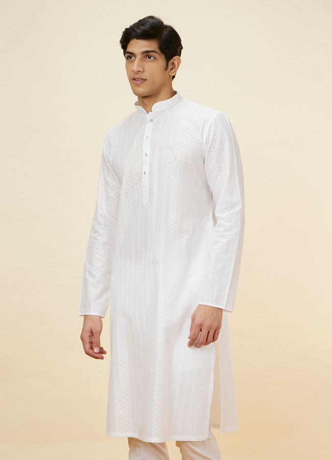 Manyavar Men Pristine White Self Patterned Kurta Set
