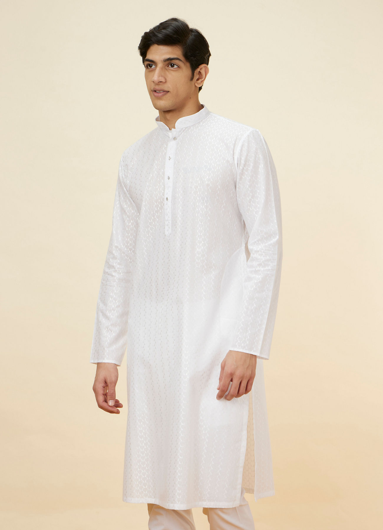Manyavar Men Pristine White Self Patterned Kurta Set