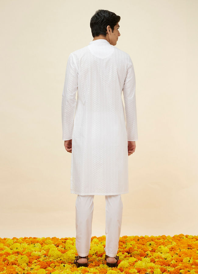 Manyavar Men Pristine White Self Patterned Kurta Set