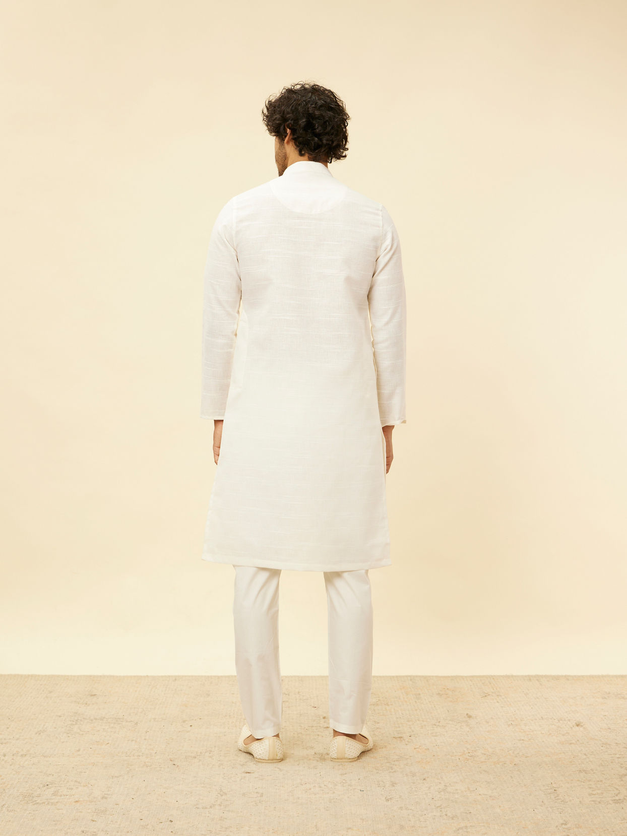 Manyavar Men Warm White Grid Patterned Kurta Set