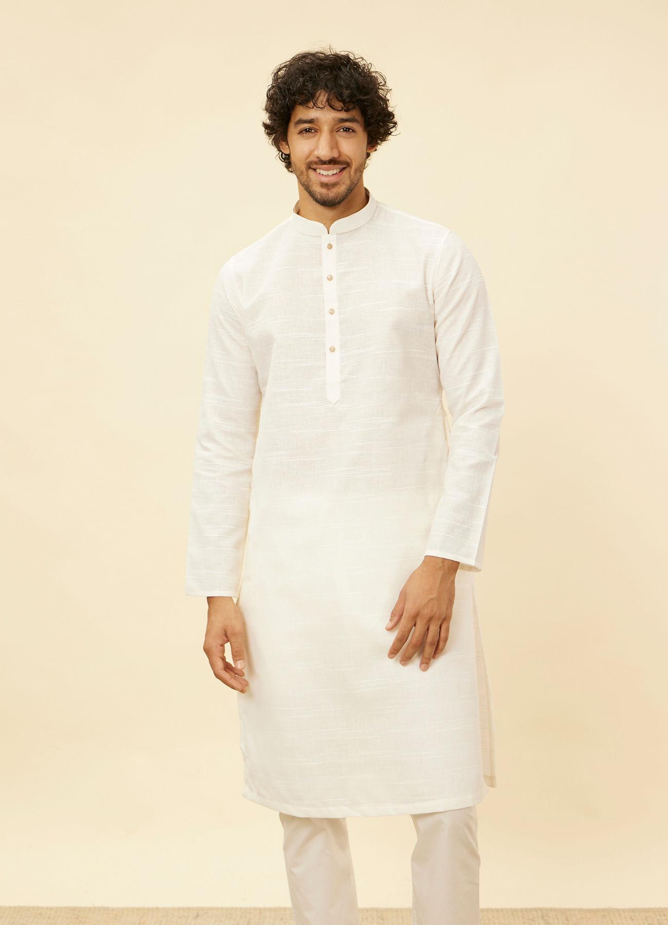 Manyavar Men Warm White Grid Patterned Kurta Set