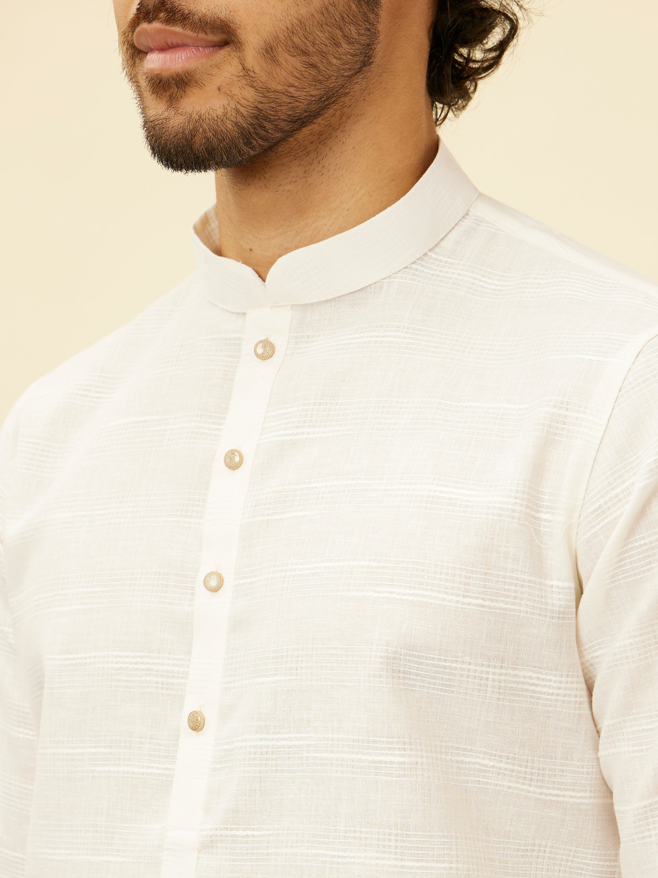 Manyavar Men Warm White Grid Patterned Kurta Set