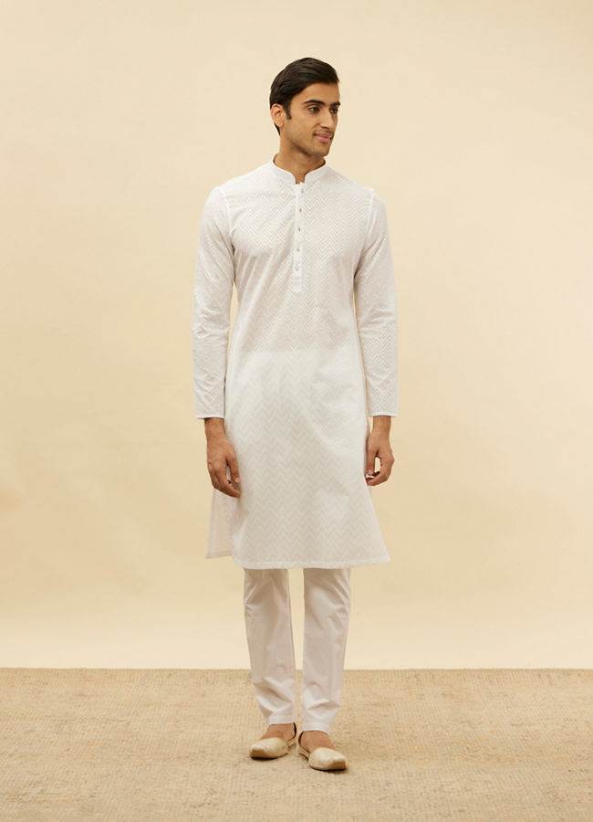 Manyavar Men Bright White Chevron Patterned Kurta Set
