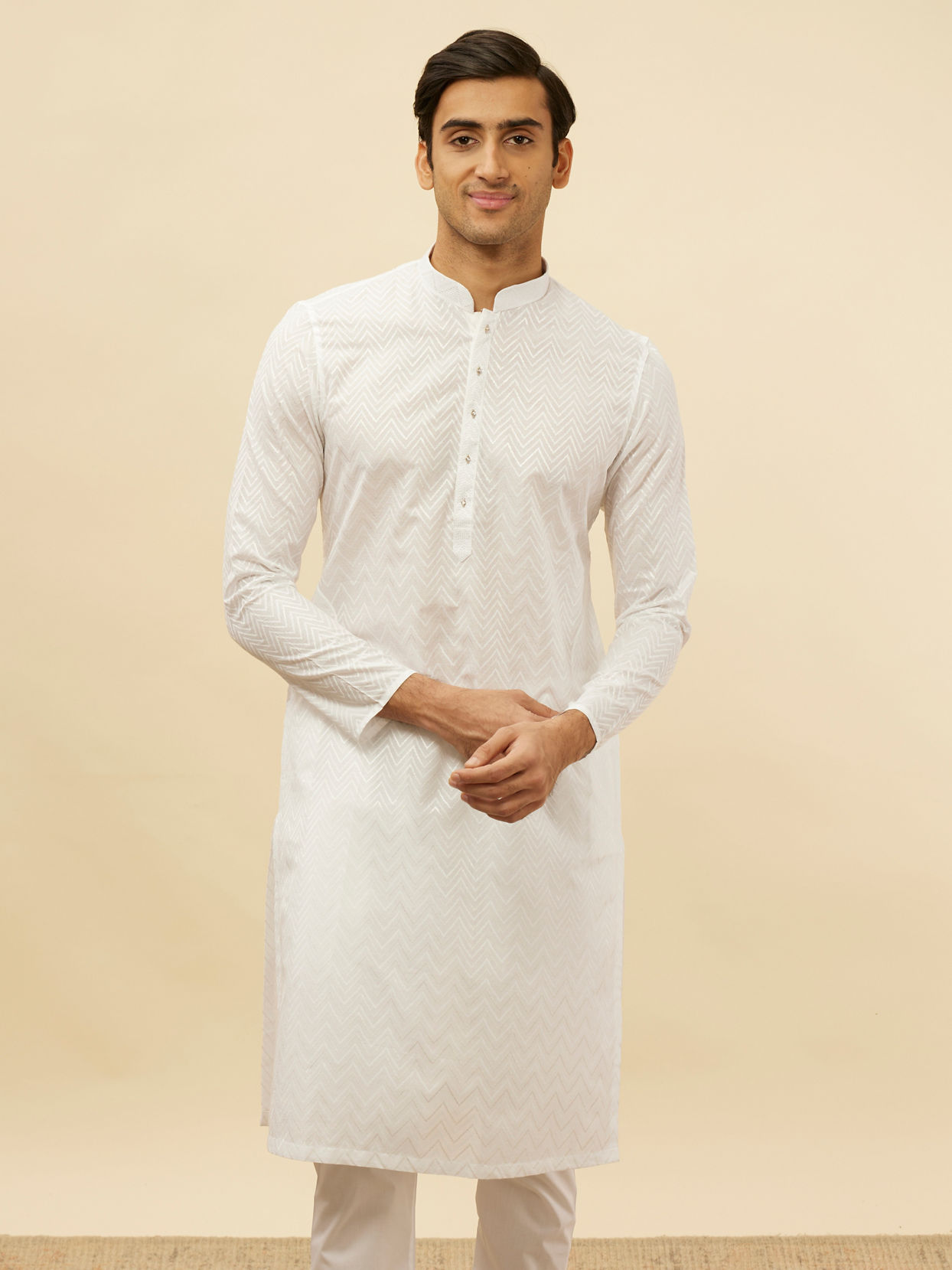 Manyavar Men Bright White Chevron Patterned Kurta Set