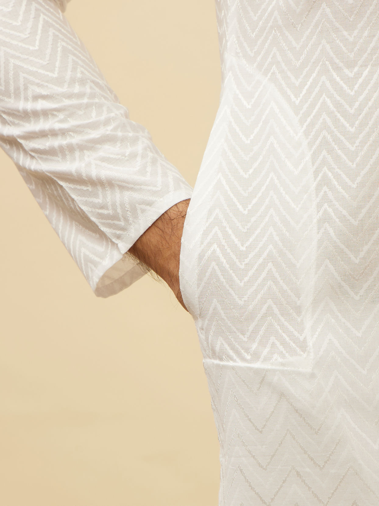 Manyavar Men Bright White Chevron Patterned Kurta Set