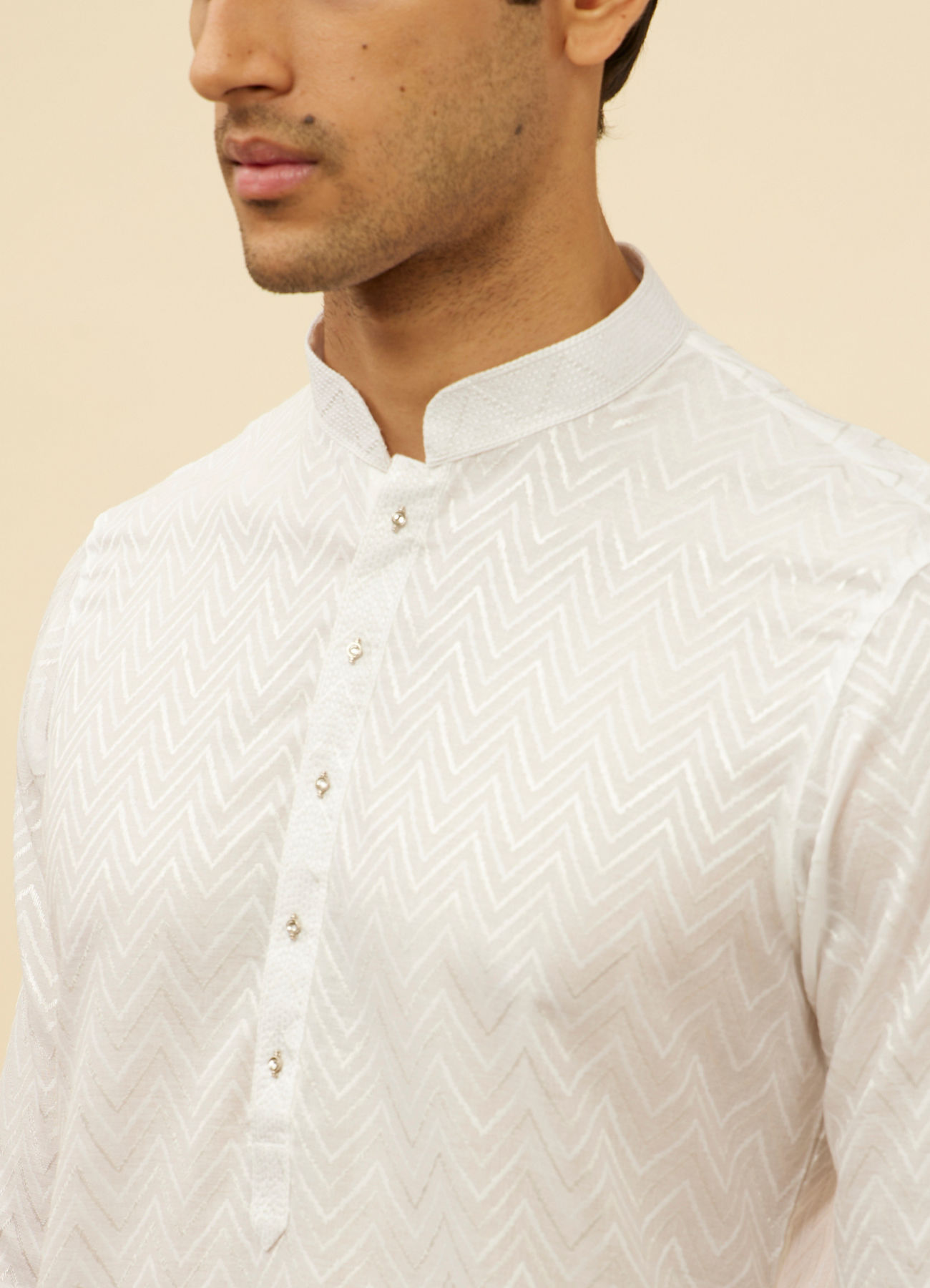 Manyavar Men Bright White Chevron Patterned Kurta Set