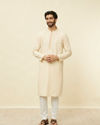 alt message - Manyavar Men Sand Beige Embroidered Neckline Kurta Set image number 2