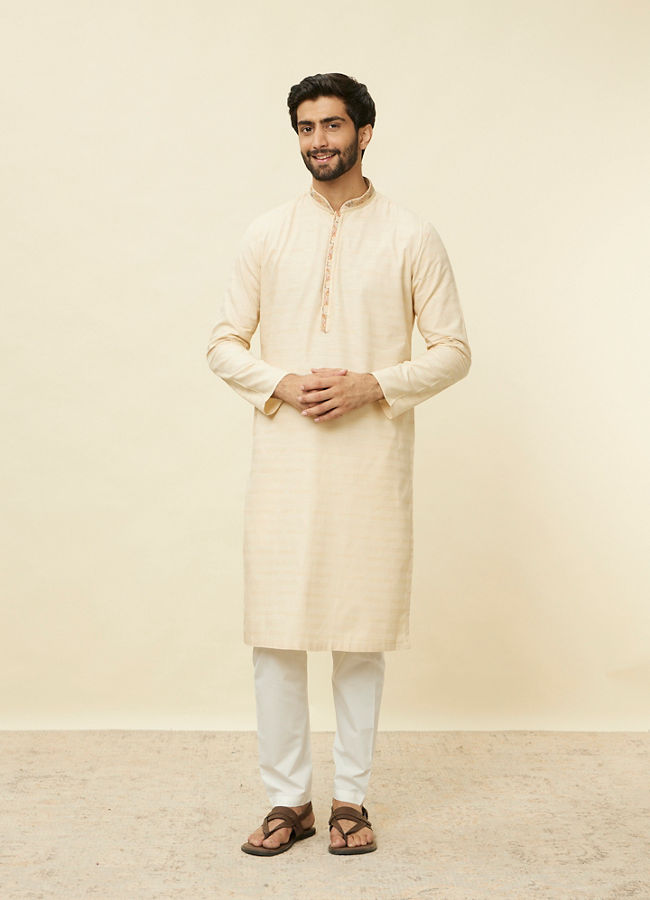 alt message - Manyavar Men Sand Beige Embroidered Neckline Kurta Set image number 2