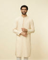 alt message - Manyavar Men Sand Beige Embroidered Neckline Kurta Set image number 0