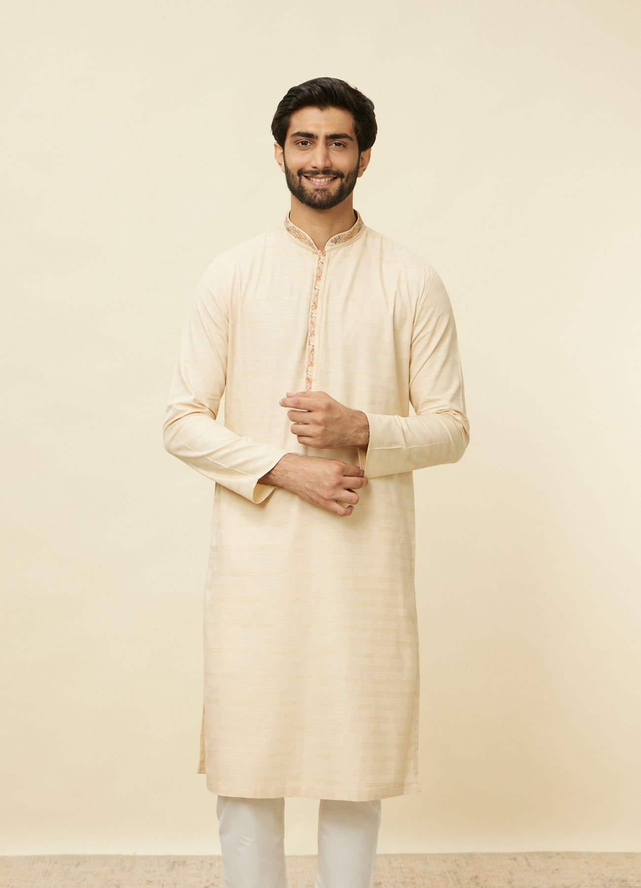 Manyavar Men Sand Beige Embroidered Neckline Kurta Set