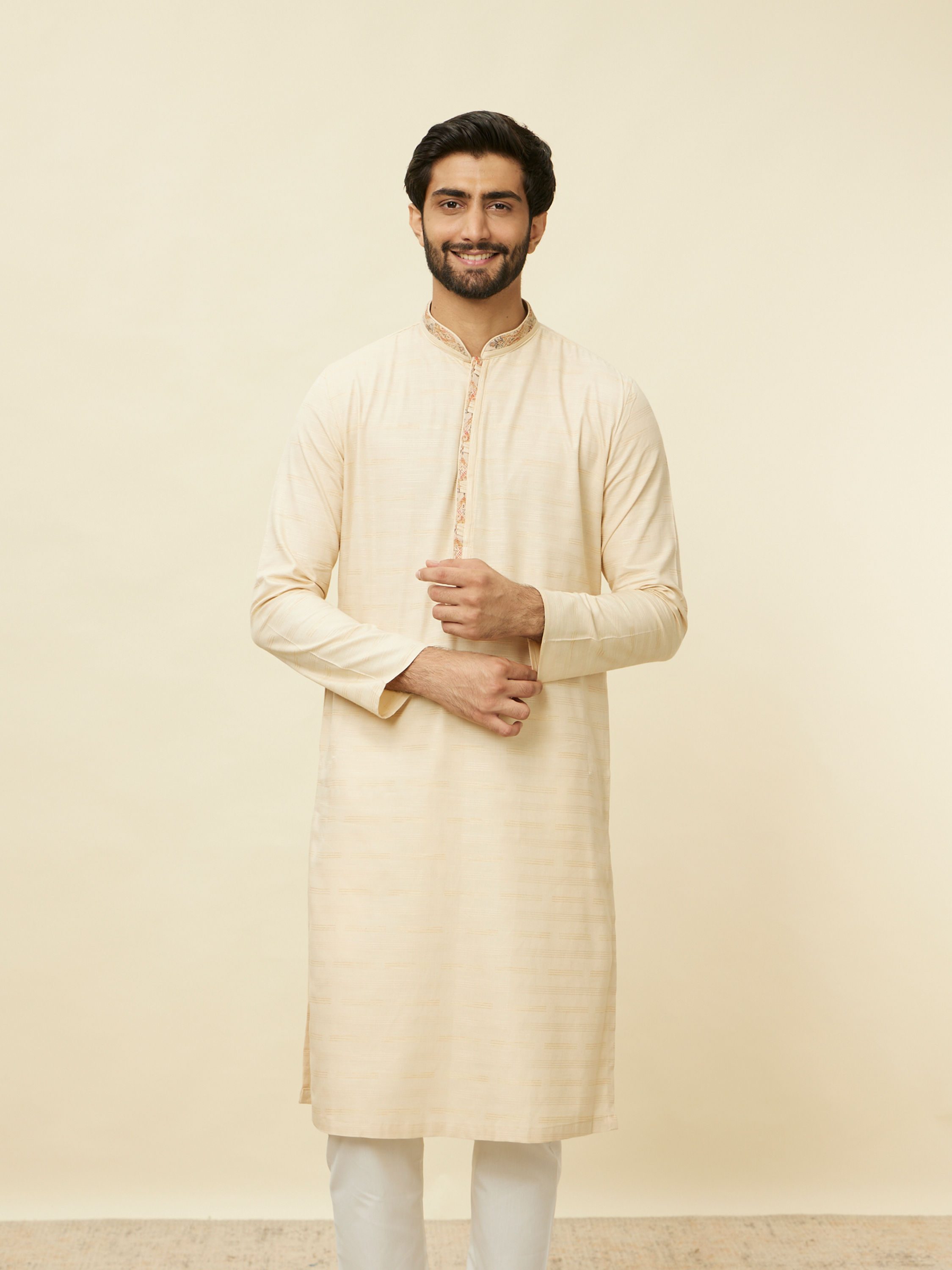 Manyavar Men Sand Beige Embroidered Neckline Kurta Set