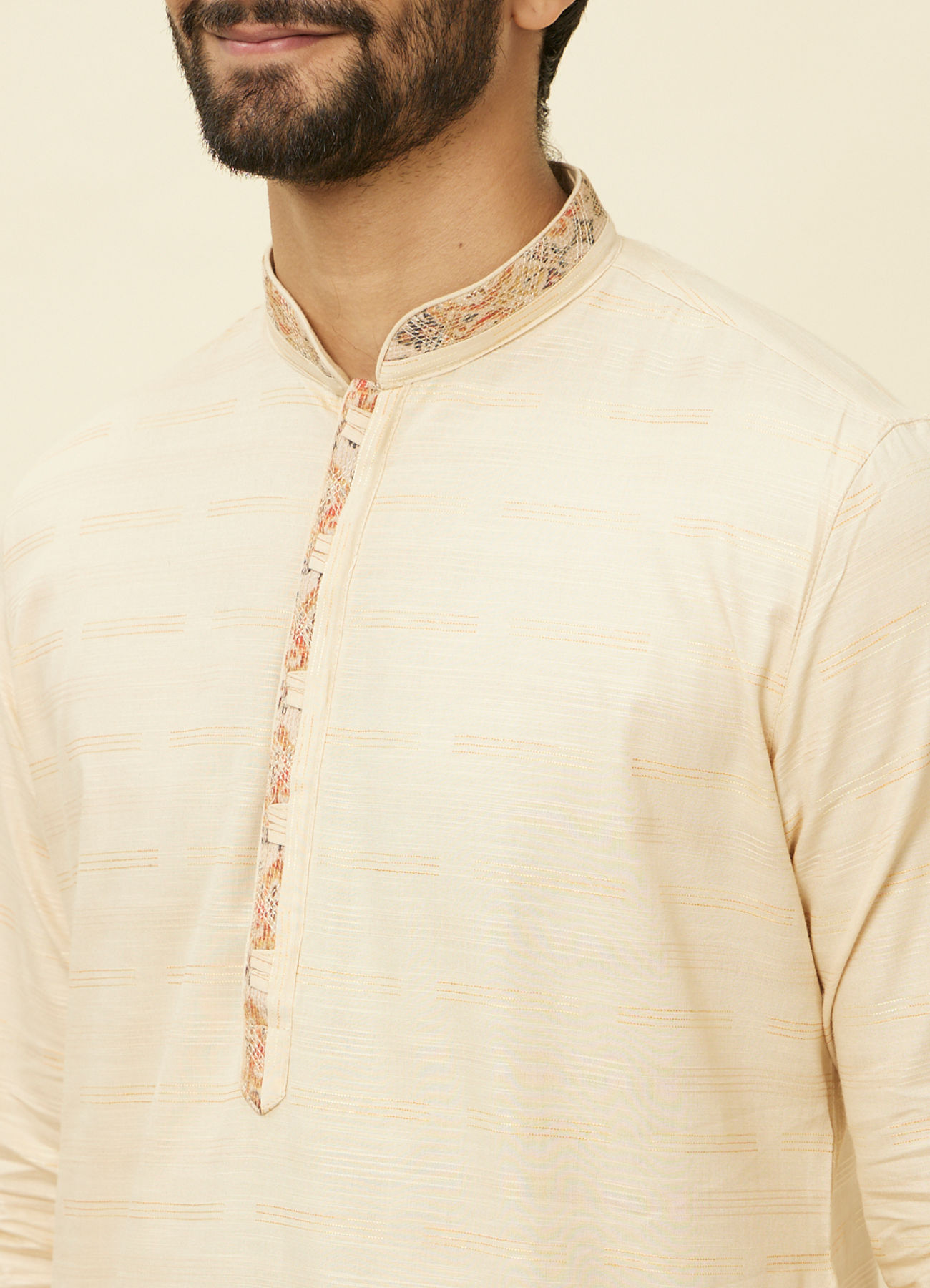 Manyavar Men Sand Beige Embroidered Neckline Kurta Set