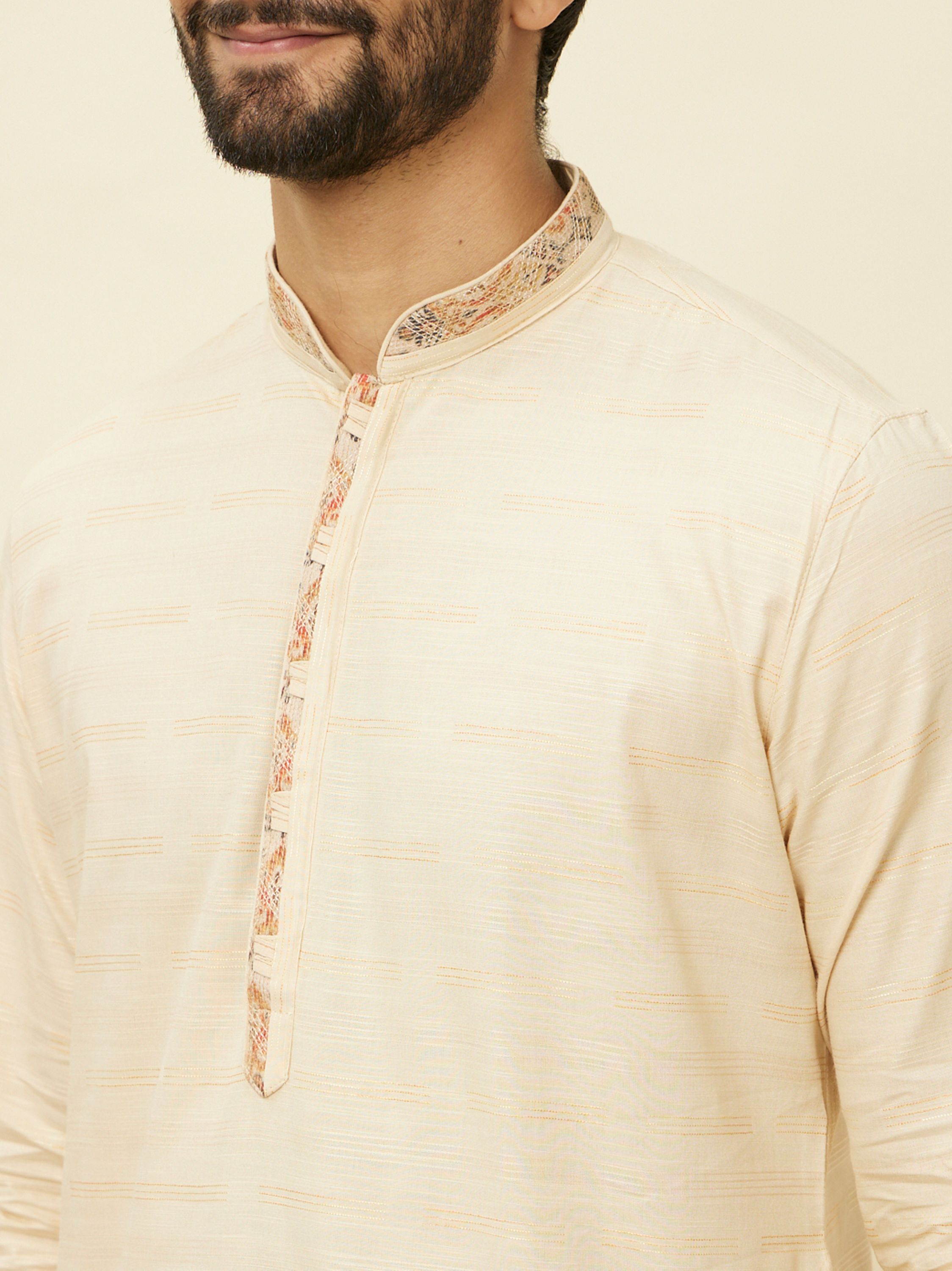 Manyavar Men Sand Beige Embroidered Neckline Kurta Set