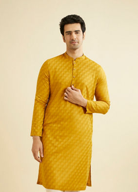 Manyavar Men Mustard Yellow Lattice Patterned Kurta Set