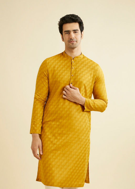 Manyavar Men Mustard Yellow Lattice Patterned Kurta Set