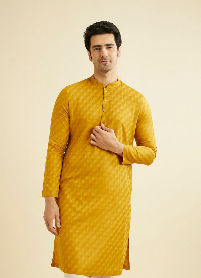 Manyavar Men Mustard Yellow Lattice Patterned Kurta Set