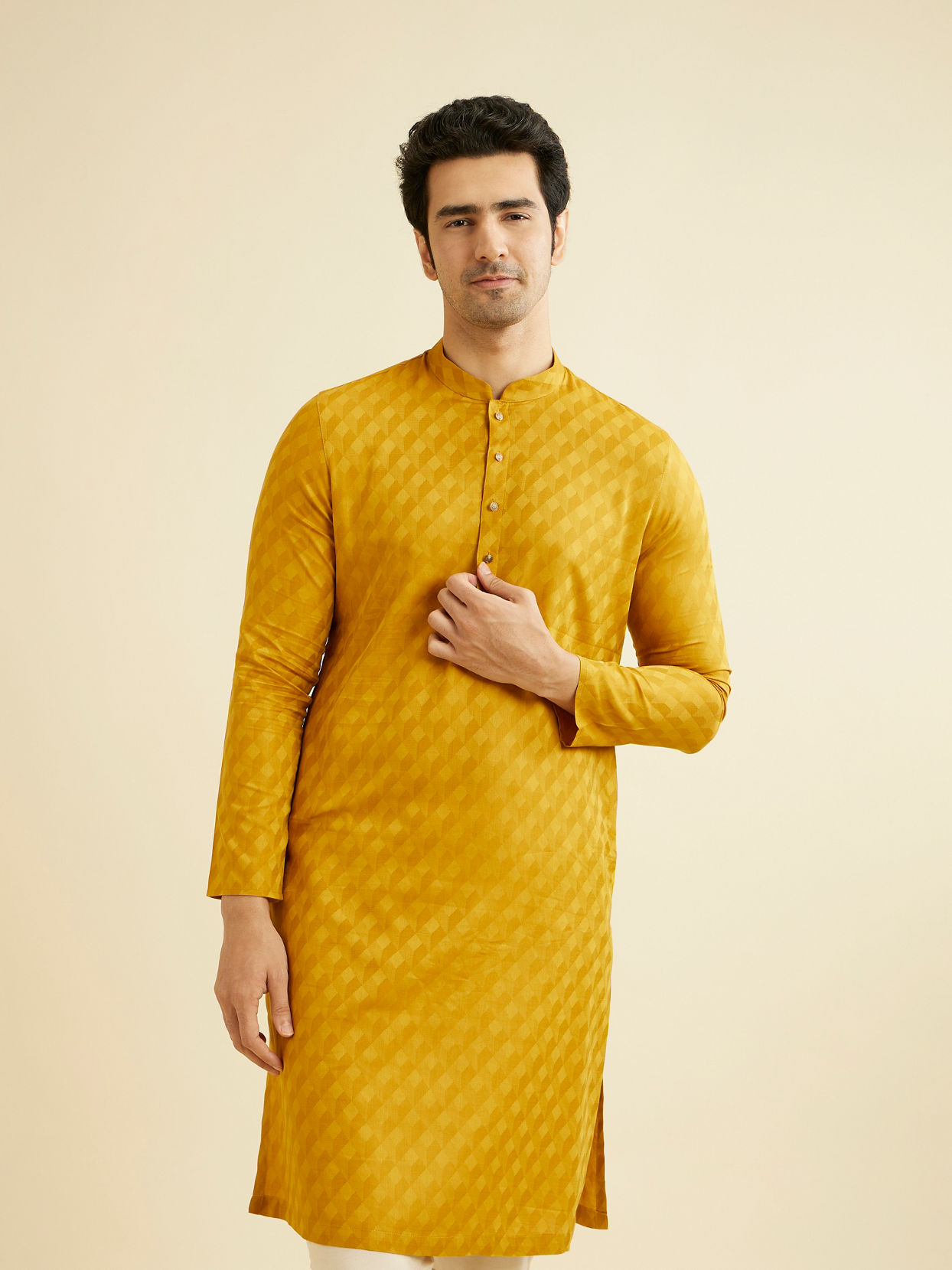 Manyavar Men Mustard Yellow Lattice Patterned Kurta Set