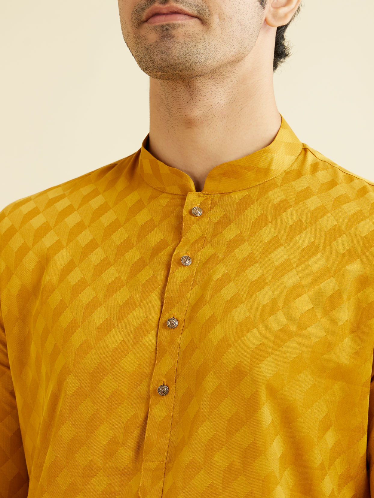 Manyavar Men Mustard Yellow Lattice Patterned Kurta Set
