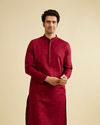 alt message - Manyavar Men Maroon Red Kurta Set with Embroidered Neckline image number 0