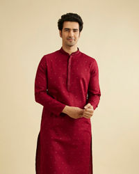 Manyavar Men Maroon Red Kurta Set with Embroidered Neckline