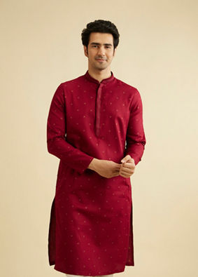 Manyavar Men Maroon Red Kurta Set with Embroidered Neckline