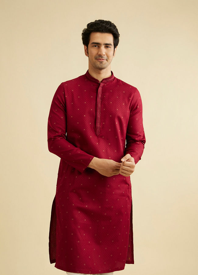 alt message - Manyavar Men Maroon Red Kurta Set with Embroidered Neckline image number 0