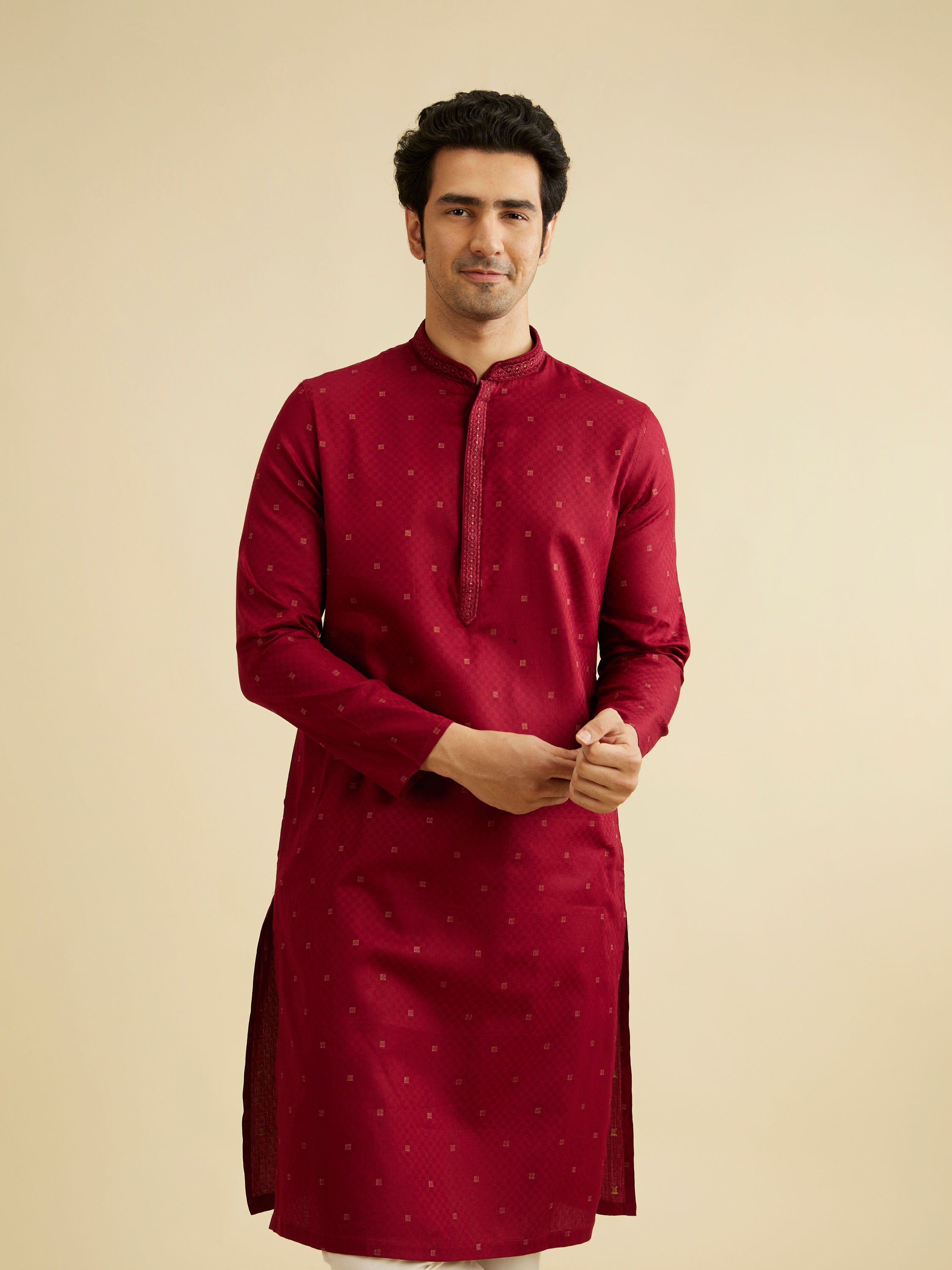 Manyavar Men Maroon Red Kurta Set with Embroidered Neckline