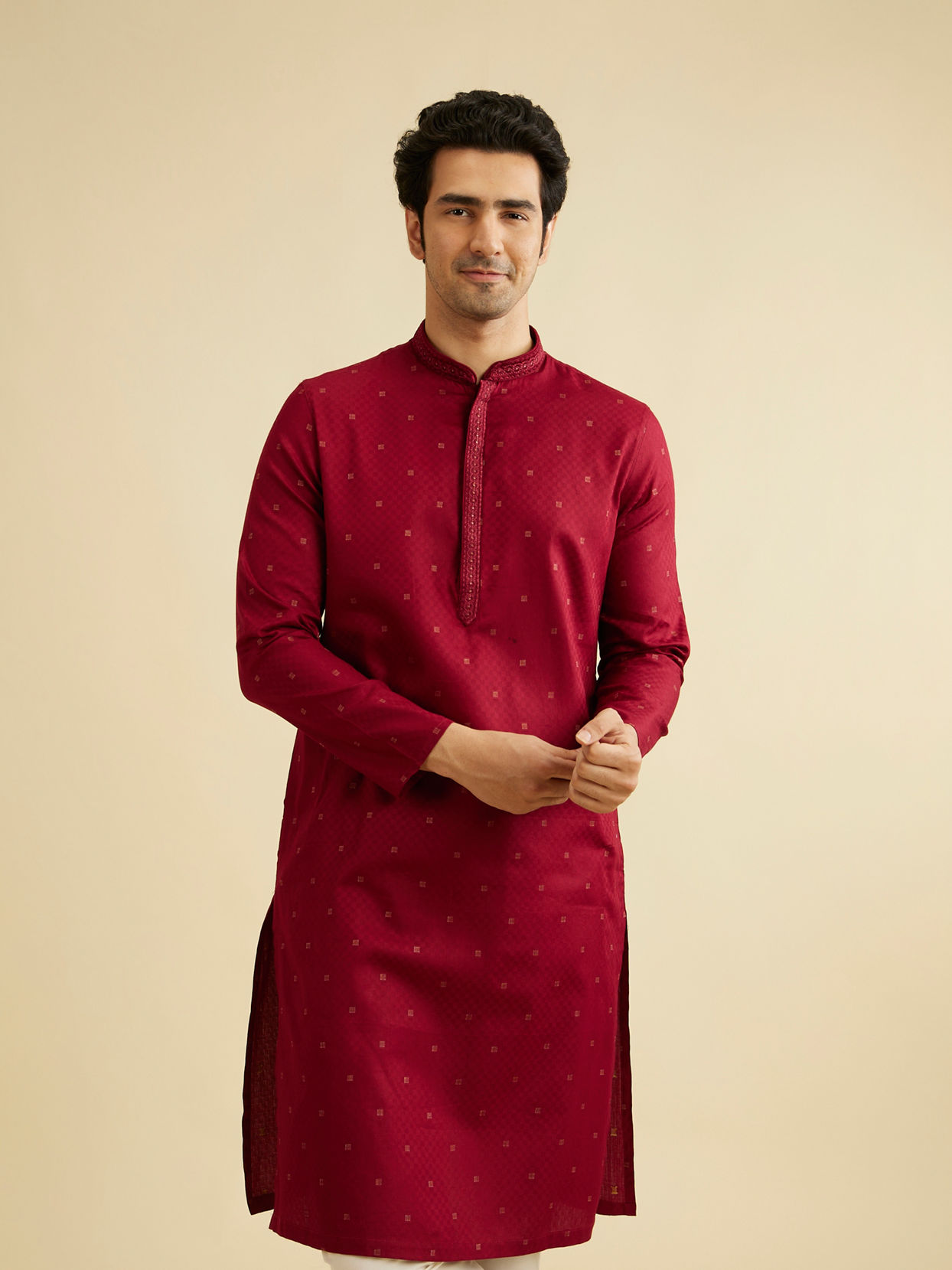 alt message - Manyavar Men Maroon Red Kurta Set with Embroidered Neckline image number 0