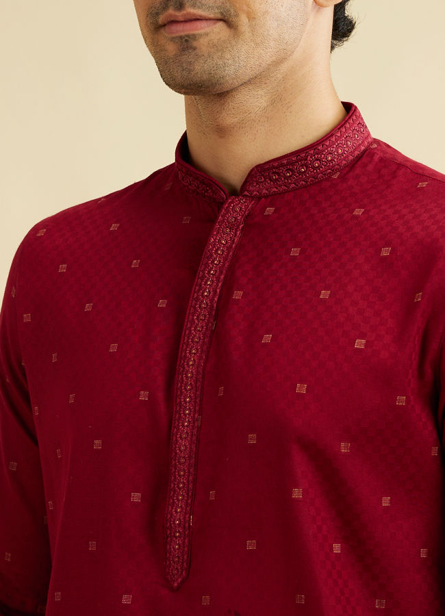 alt message - Manyavar Men Maroon Red Kurta Set with Embroidered Neckline image number 1