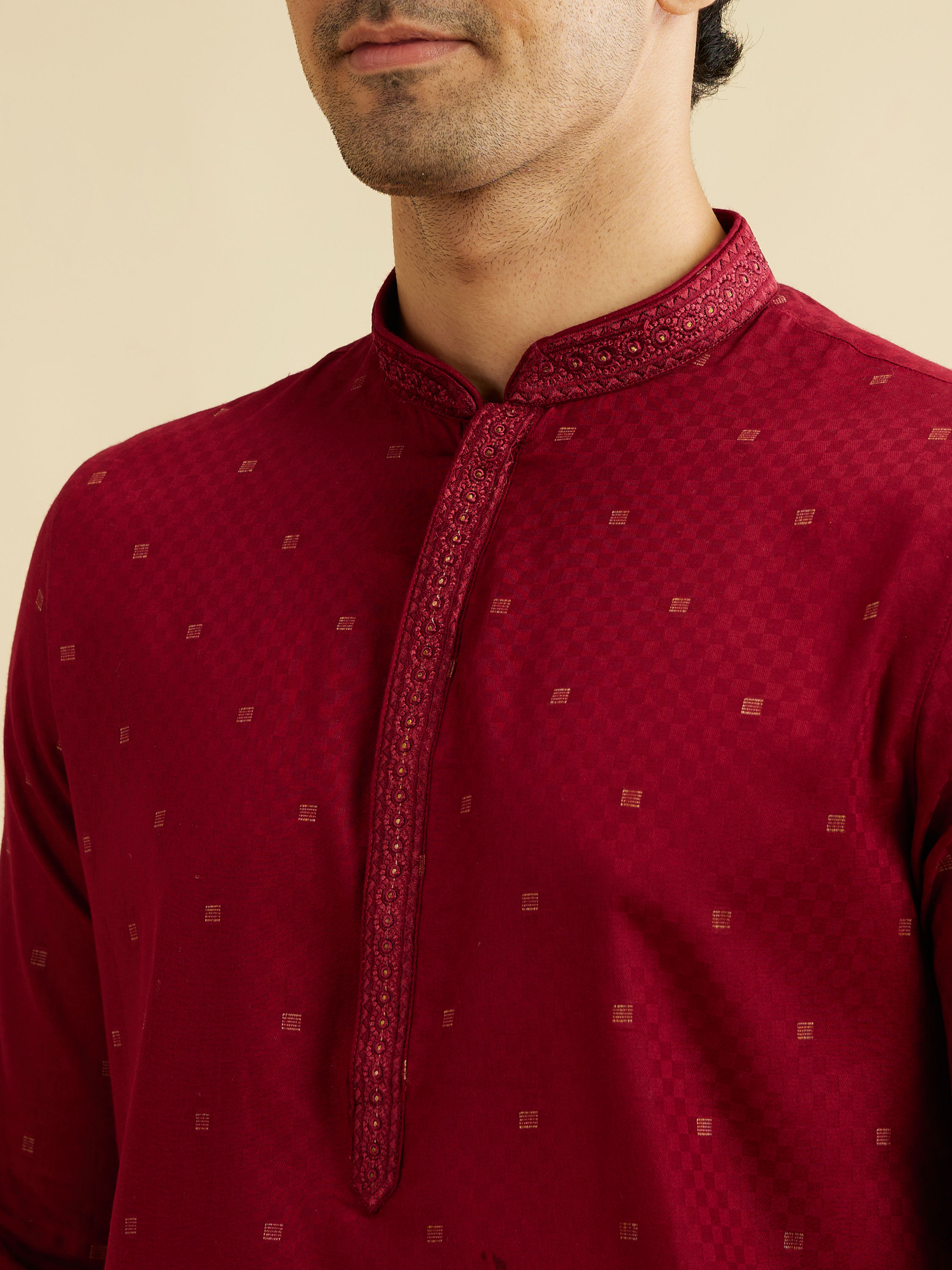 Manyavar Men Maroon Red Kurta Set with Embroidered Neckline