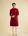 Manyavar Men Maroon Red Kurta Set with Embroidered Neckline