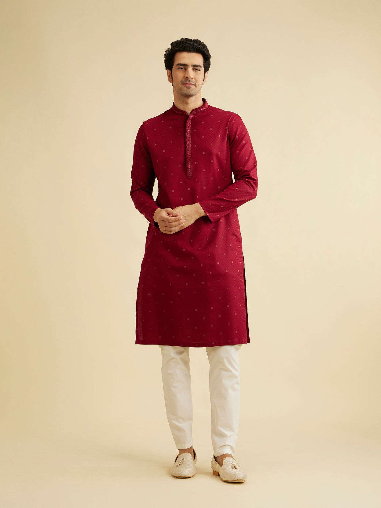 Manyavar Men Maroon Red Kurta Set with Embroidered Neckline