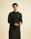 alt message - Manyavar Men Ebony Black Kurta Set with Embroidered Neckline image number 0