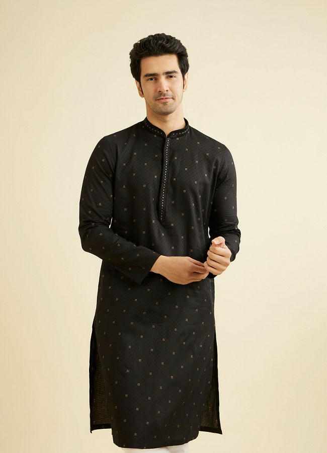 alt message - Manyavar Men Ebony Black Kurta Set with Embroidered Neckline image number 0