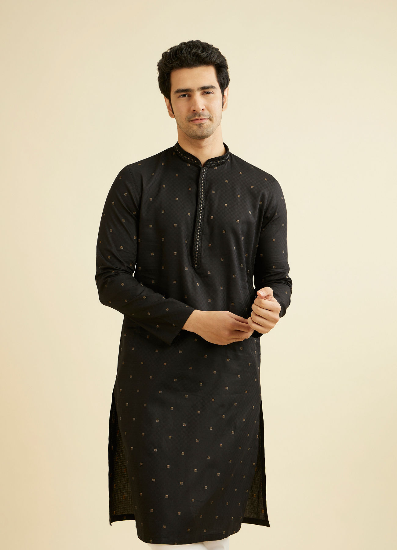 Manyavar Men Ebony Black Kurta Set with Embroidered Neckline