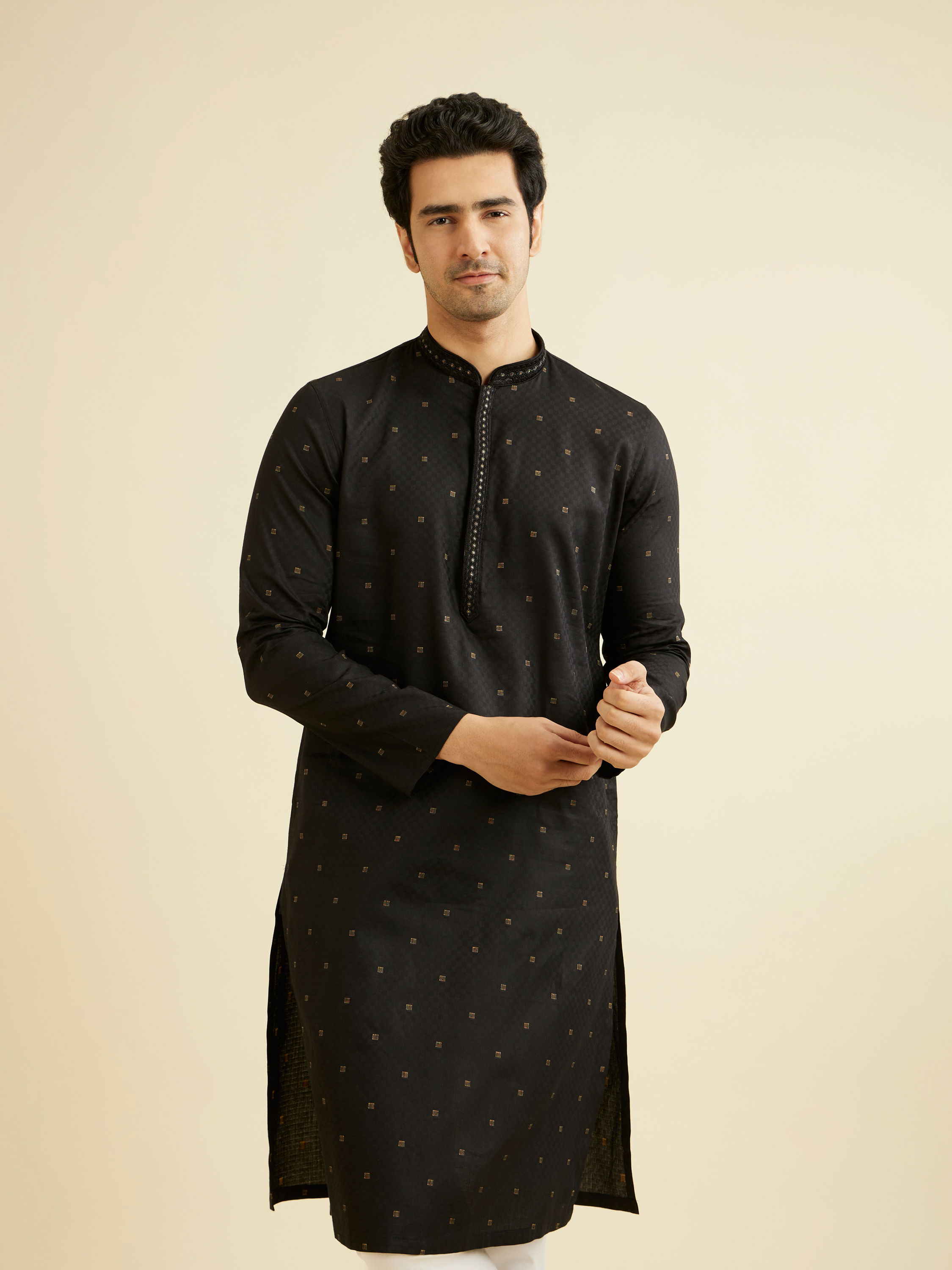 Manyavar Men Ebony Black Kurta Set with Embroidered Neckline