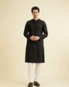 Manyavar Men Ebony Black Kurta Set with Embroidered Neckline