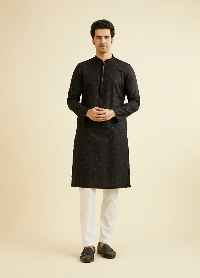 alt message - Manyavar Men Ebony Black Kurta Set with Embroidered Neckline image number 2