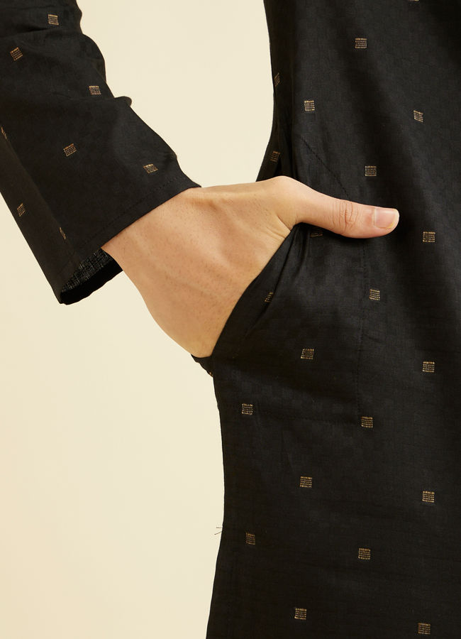Manyavar Men Ebony Black Kurta Set with Embroidered Neckline