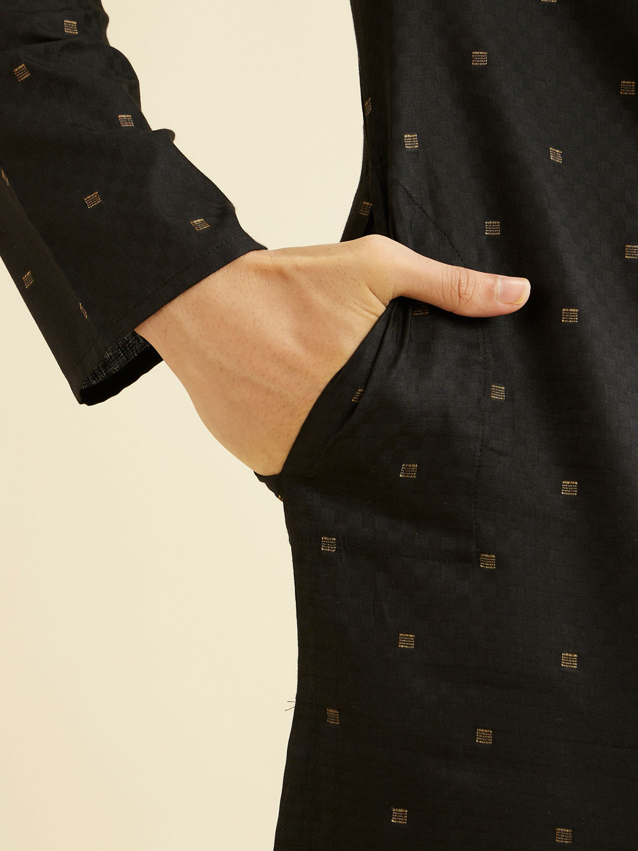 Manyavar Men Ebony Black Kurta Set with Embroidered Neckline