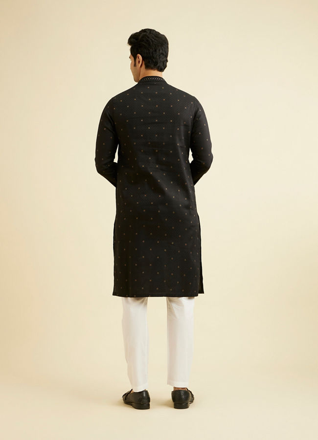Manyavar Men Ebony Black Kurta Set with Embroidered Neckline