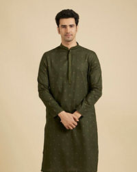 Manyavar Men Moss Green Kurta Set with Embroidered Neckline