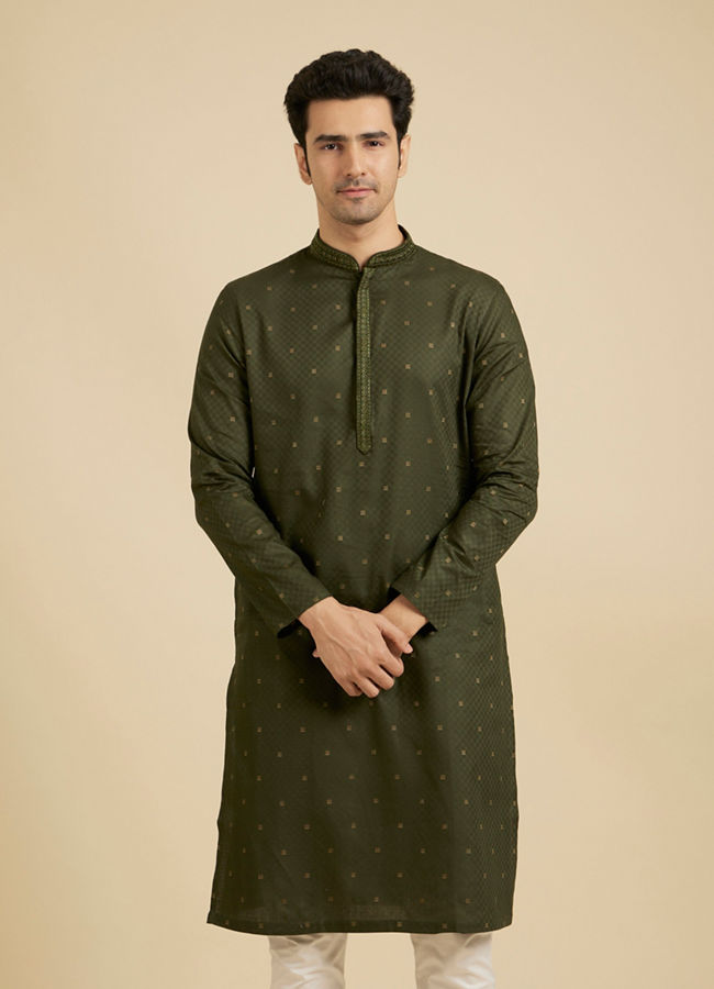 Manyavar Men Moss Green Kurta Set with Embroidered Neckline image number 0