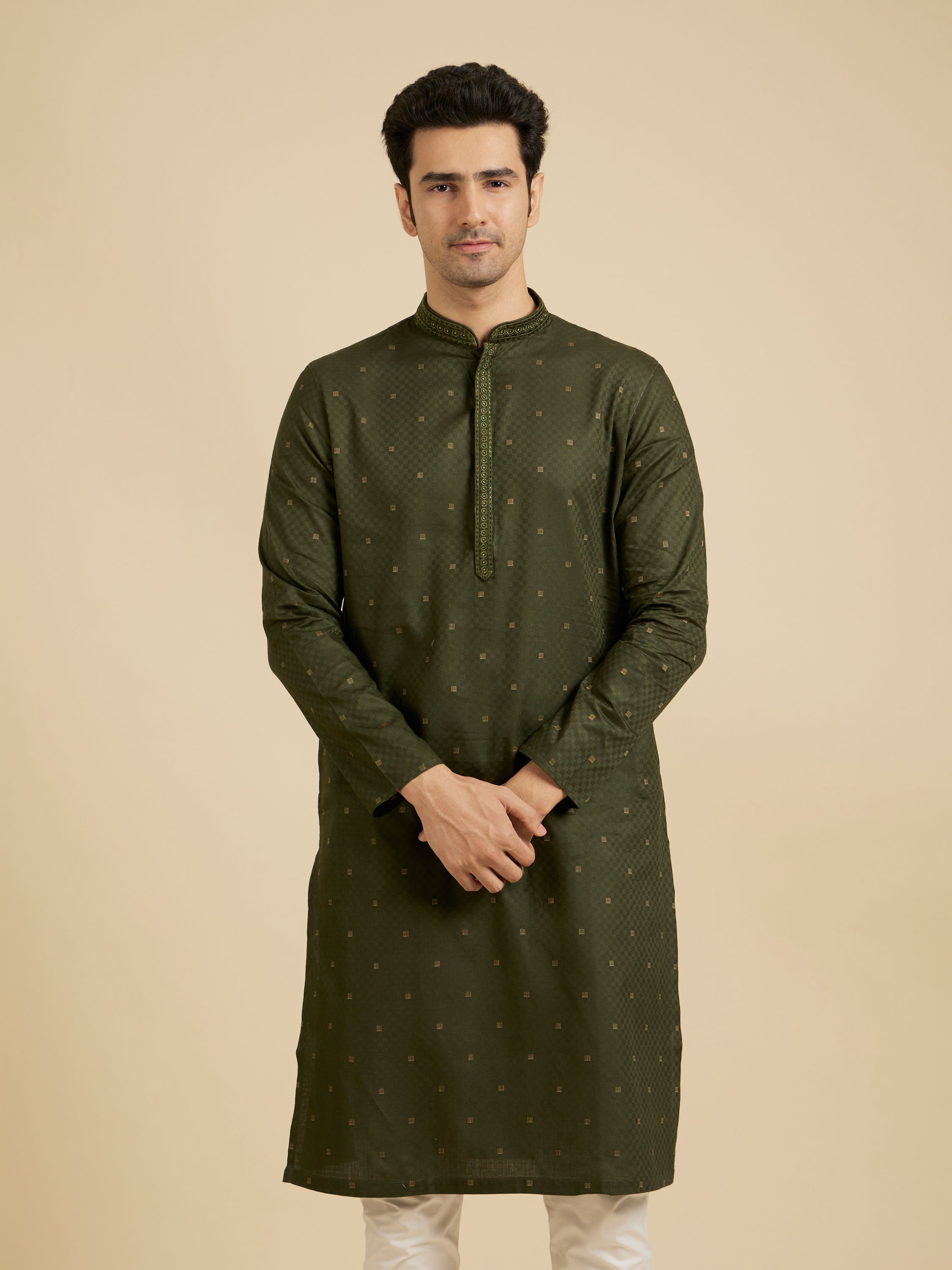 Manyavar Men Moss Green Kurta Set with Embroidered Neckline