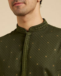 Manyavar Men Moss Green Kurta Set with Embroidered Neckline