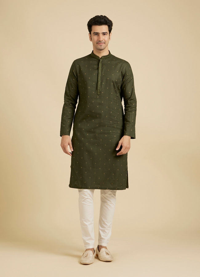 Manyavar Men Moss Green Kurta Set with Embroidered Neckline image number 2